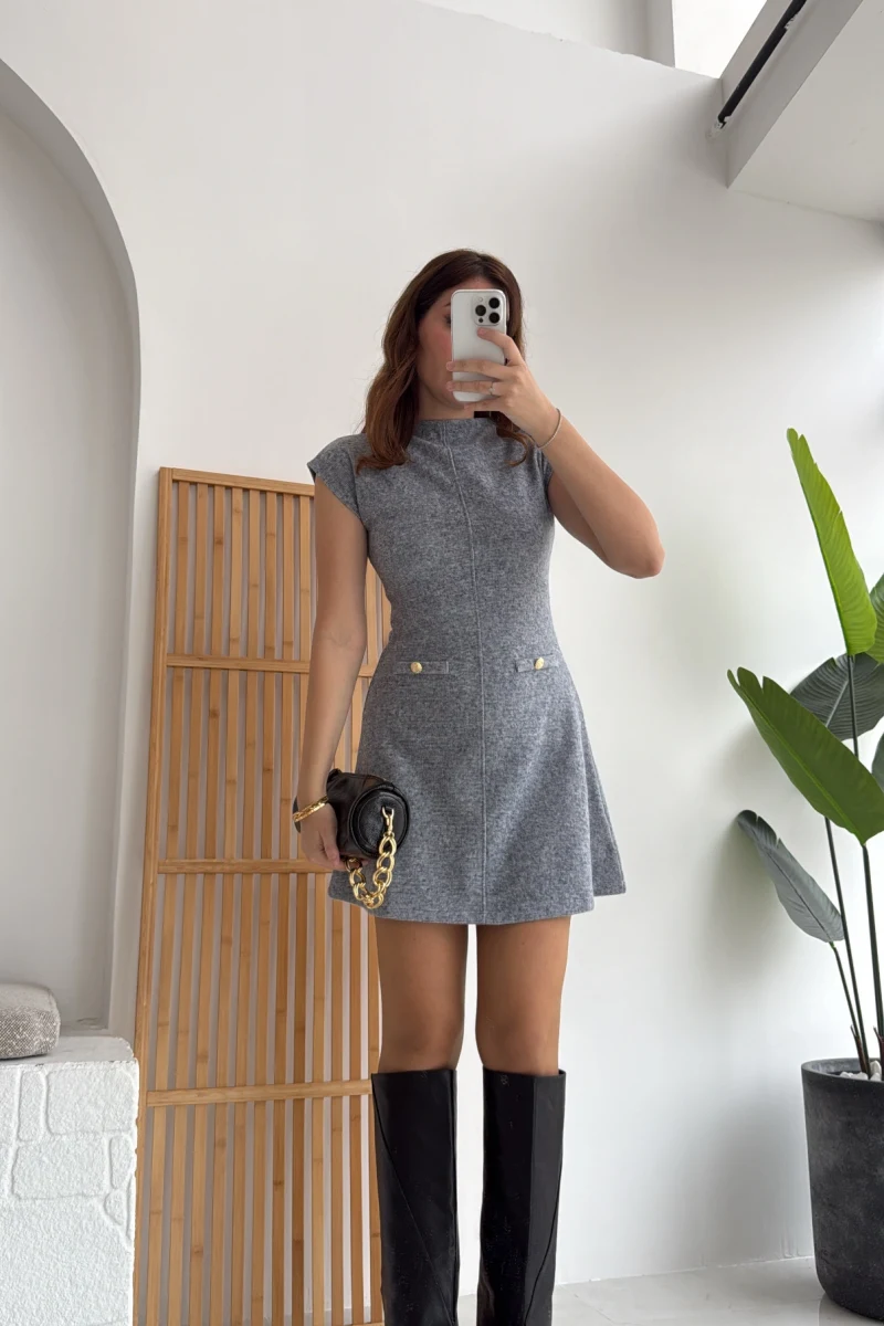 Darell Triko Kısa Elbise - Gri