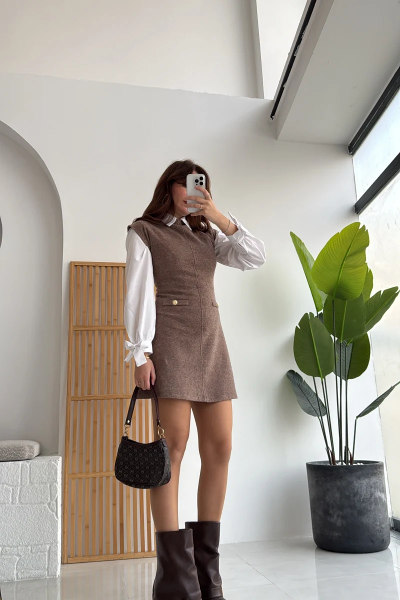 Darell Triko Kısa Elbise - Vizon