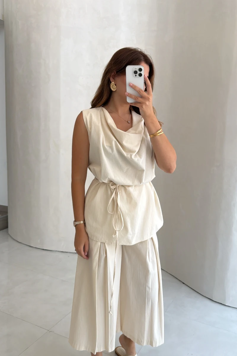 Degaje Yaka Bağcıklı Takım - Natural - Kod: 9159