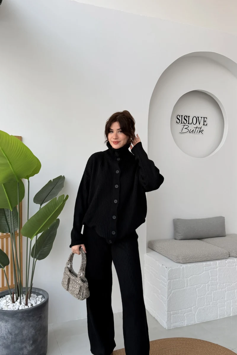 Delaney Boğazlı Triko Hırka Takım - Siyah