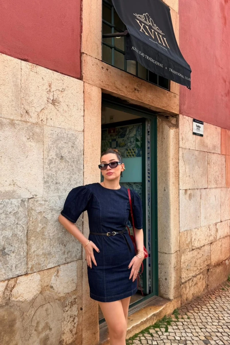 Denim Balon Kol Mini Elbise - Lacivert