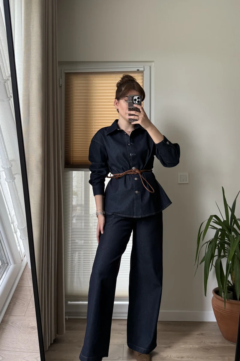 Denim Deri Kuşaklı Takım