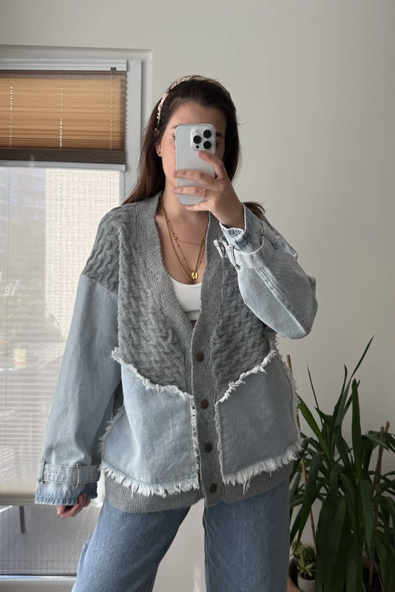 Denim Detay Gri Hırka