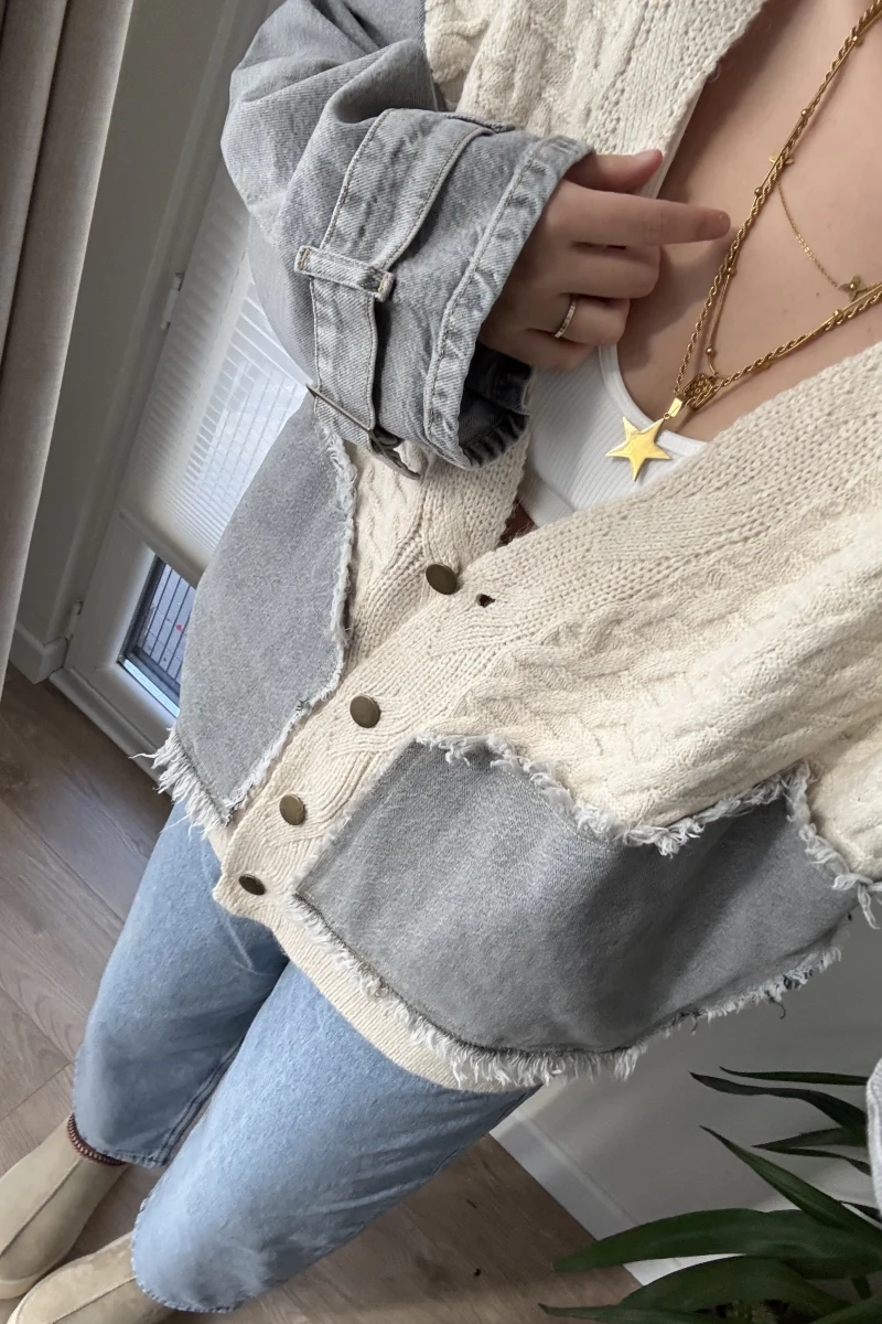 Denim Detay Krem Hırka