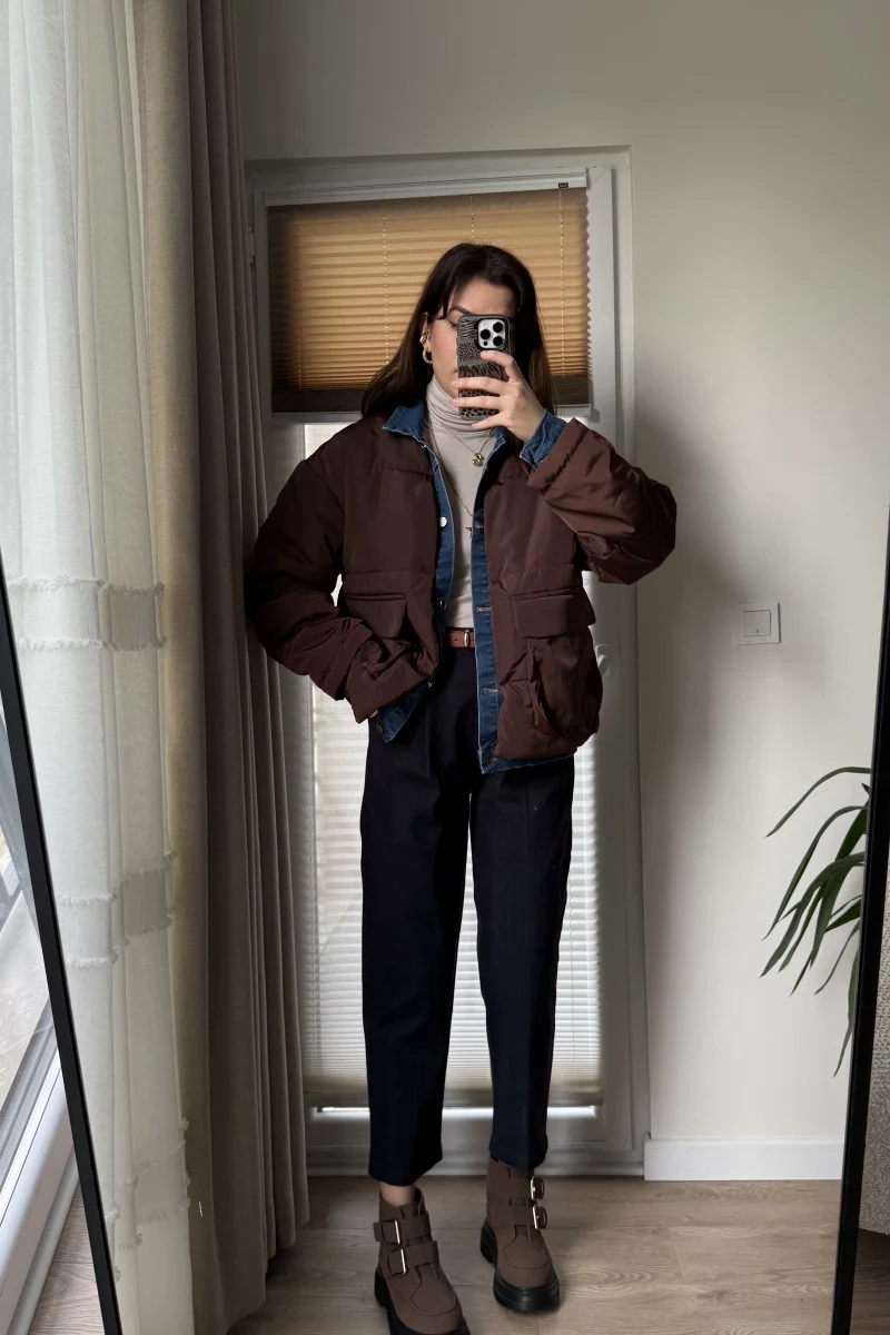 Denim Detay Şişme Mont Acı Kahve