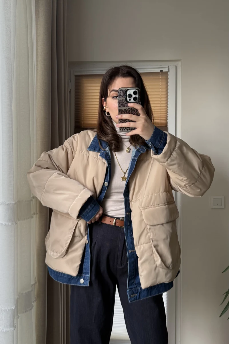 Denim Detay Şişme Mont Bej