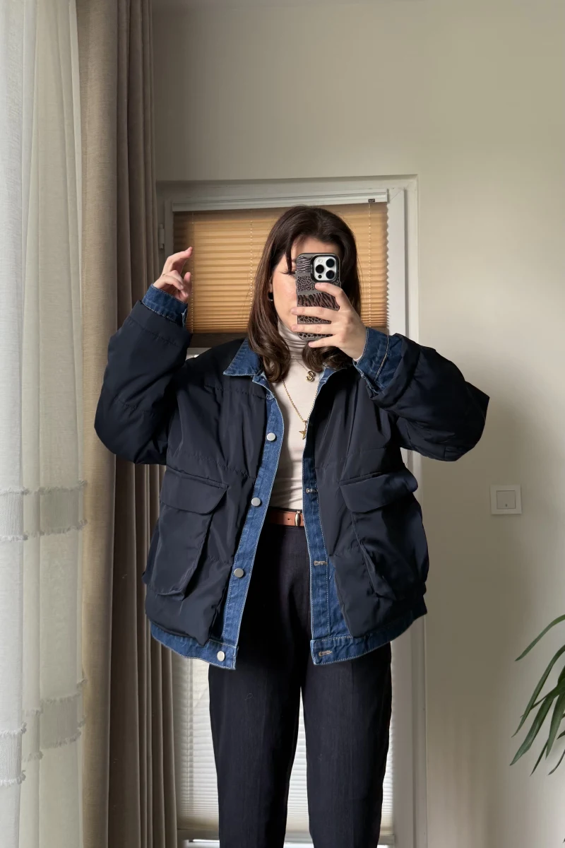 Denim Detay Şişme Mont Lacivert