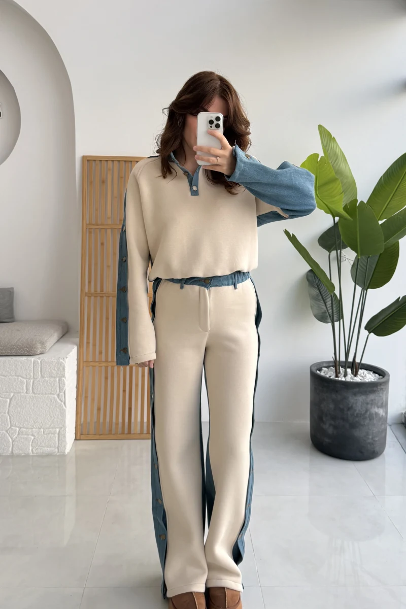 Denim Detaylı Şardonlu Sweatshirt Eşofman Takım - Bej