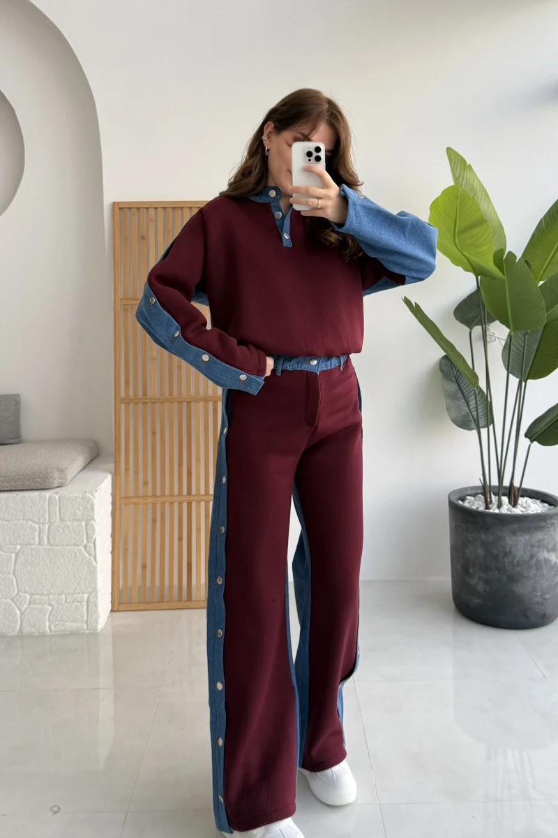 Denim Detaylı Şardonlu Sweatshirt Eşofman Takım - Bordo