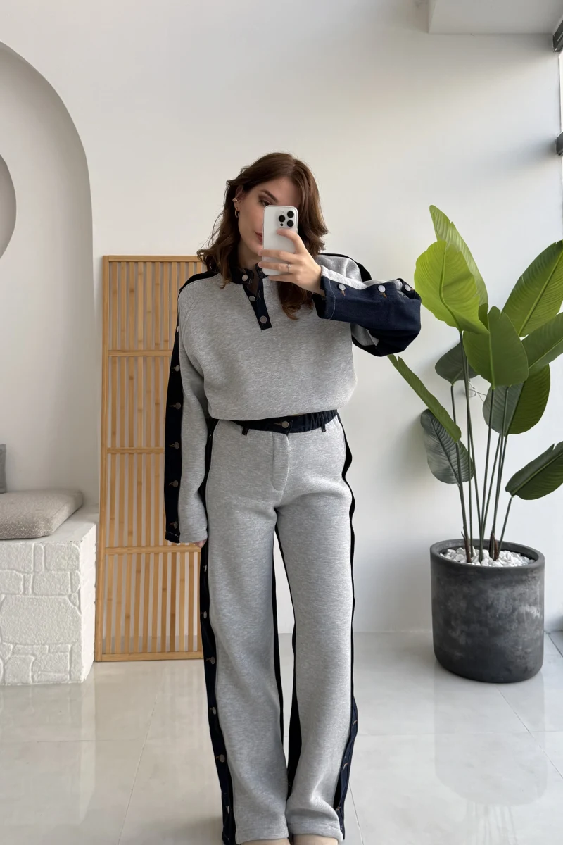 Denim Detaylı Şardonlu Sweatshirt Eşofman Takım - Gri