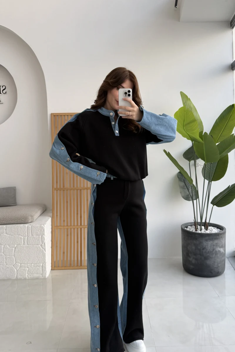 Denim Detaylı Şardonlu Sweatshirt Eşofman Takım - Siyah