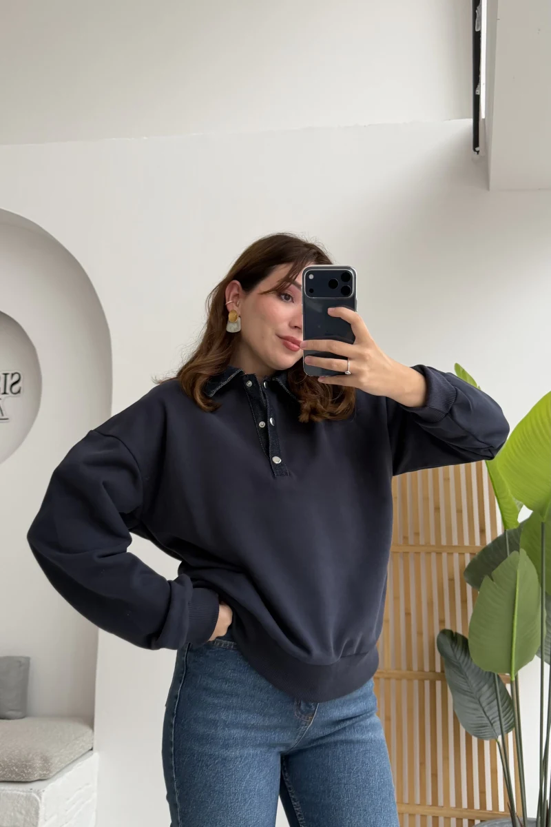 Denim Yaka Sweat - Lacivert
