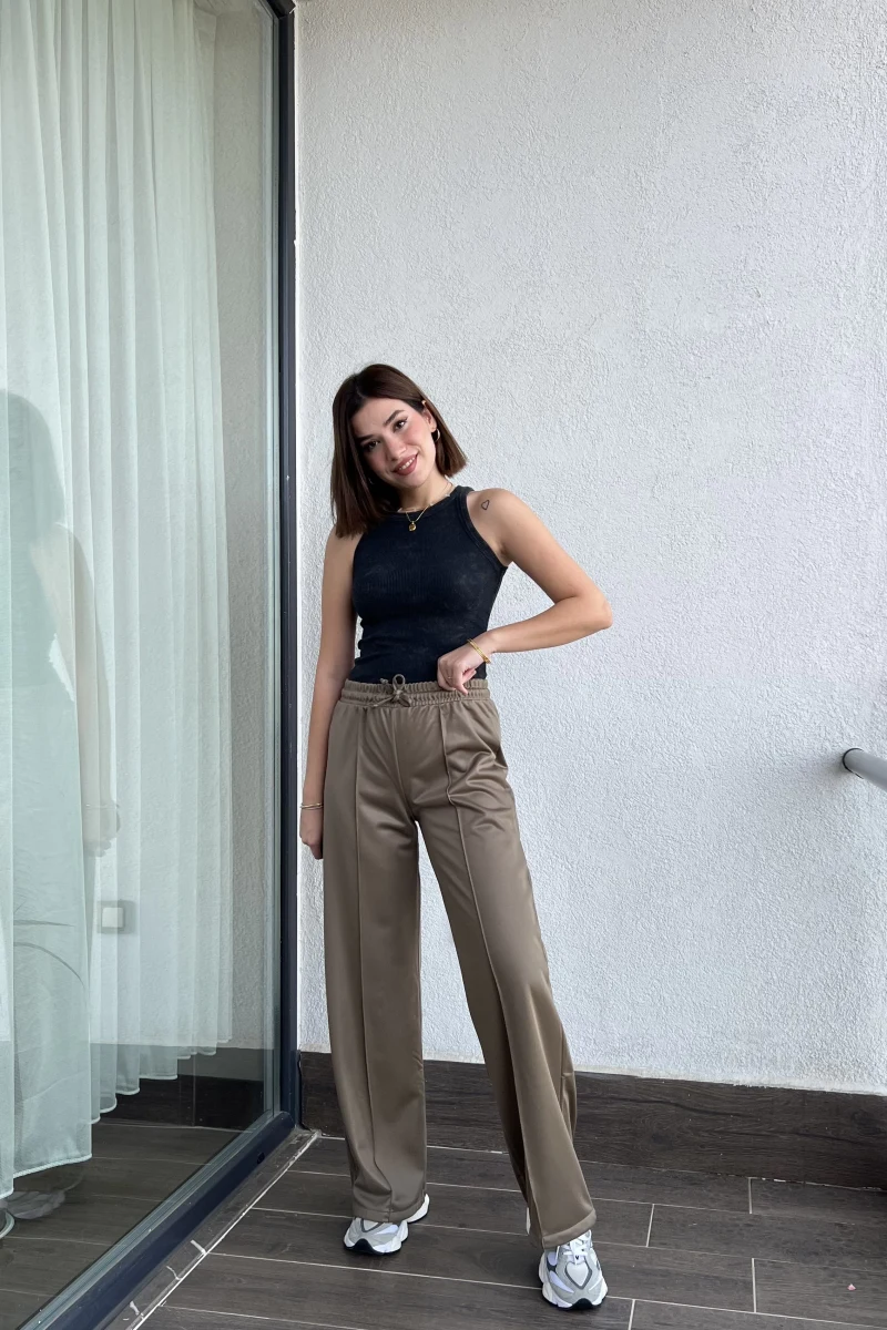 Deri Görünümlü Haki Palazzo Pantolon