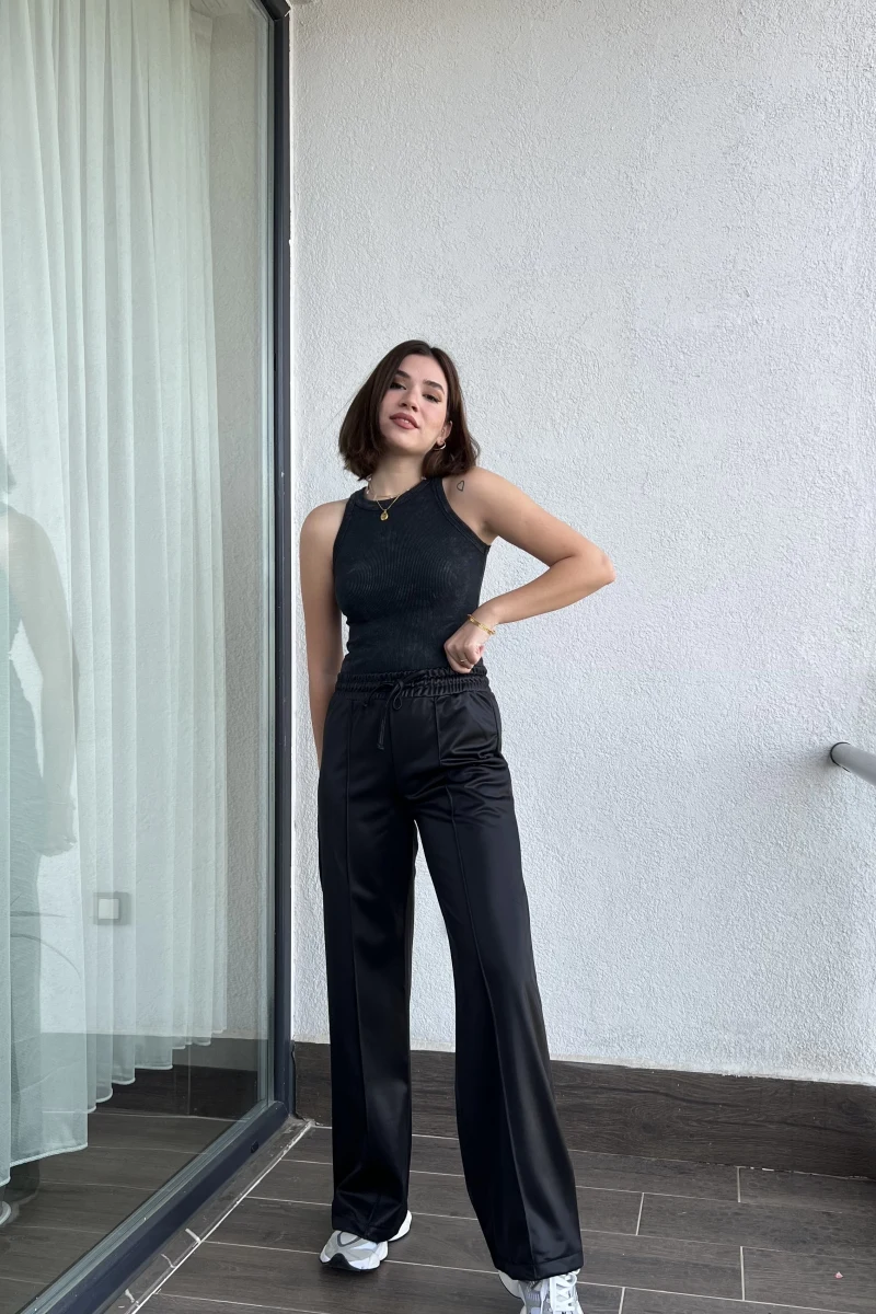 Deri Görünümlü Siyah Palazzo Pantolon