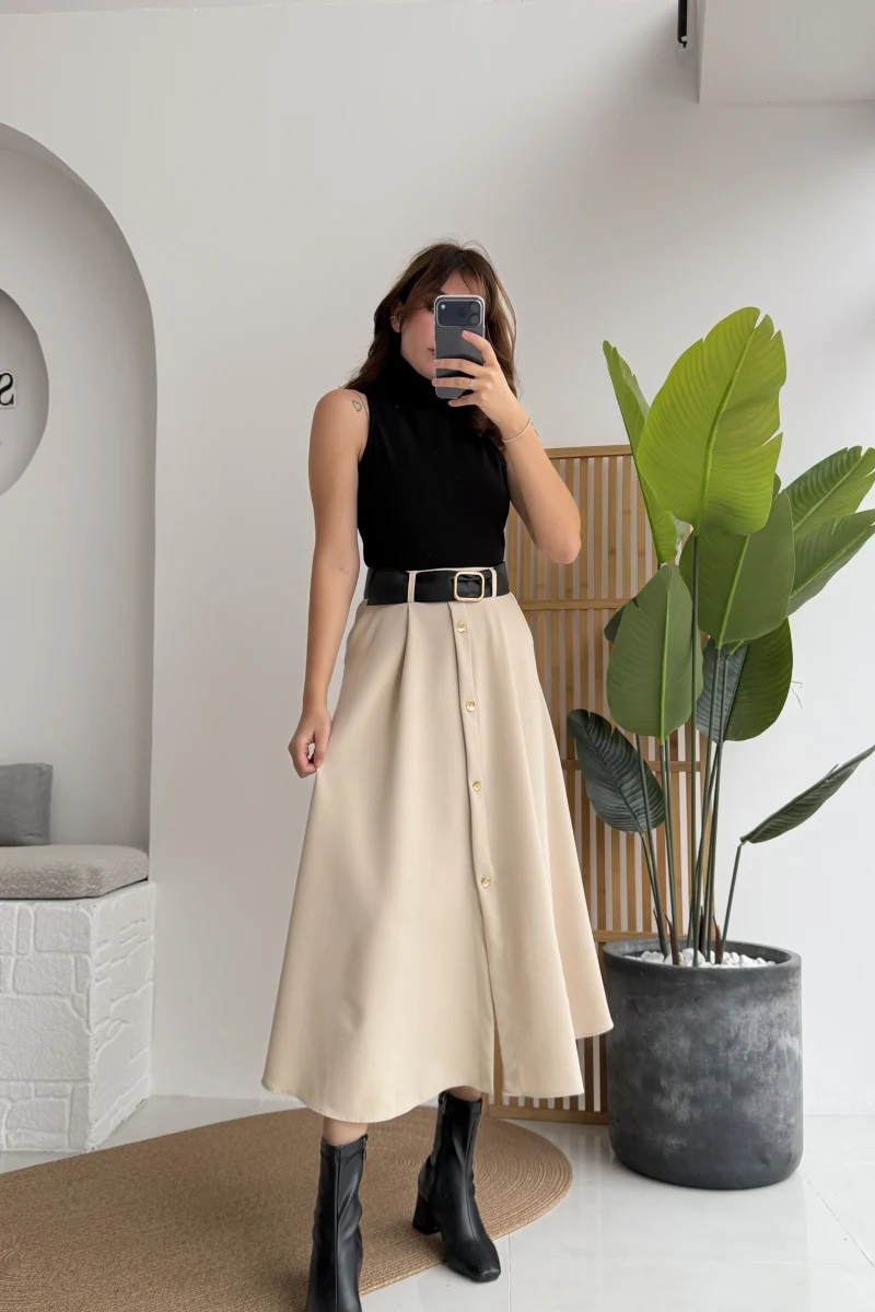 Deri Kemerli Eteği Düğmeli Elbise - Siyah Krem