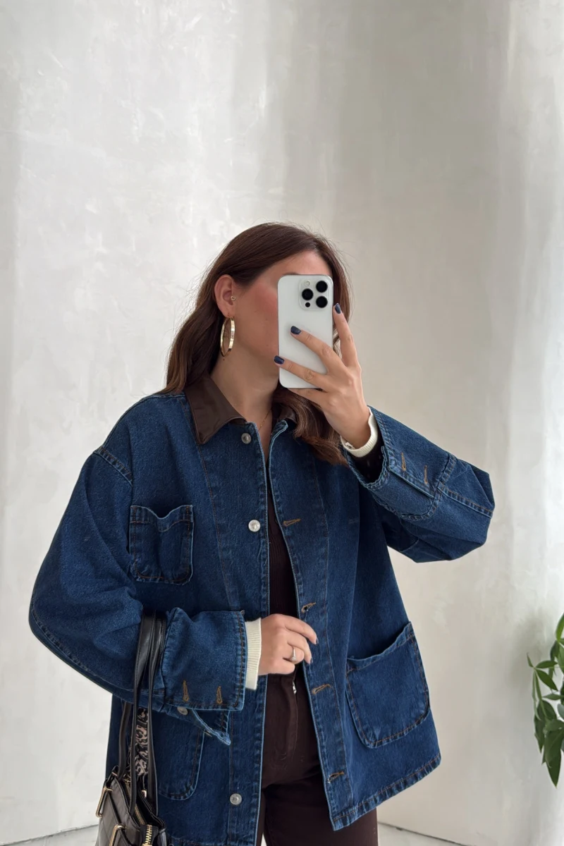 Deri Yakalı Kot Denim Ceket - Mavi - Kod: 0570
