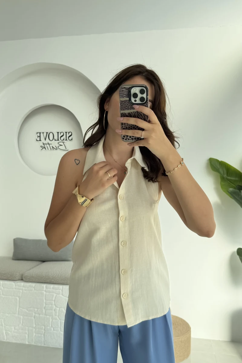 Derpy Sıfır Kol Boyundan Geçmeli Bluz - Natural - 5354