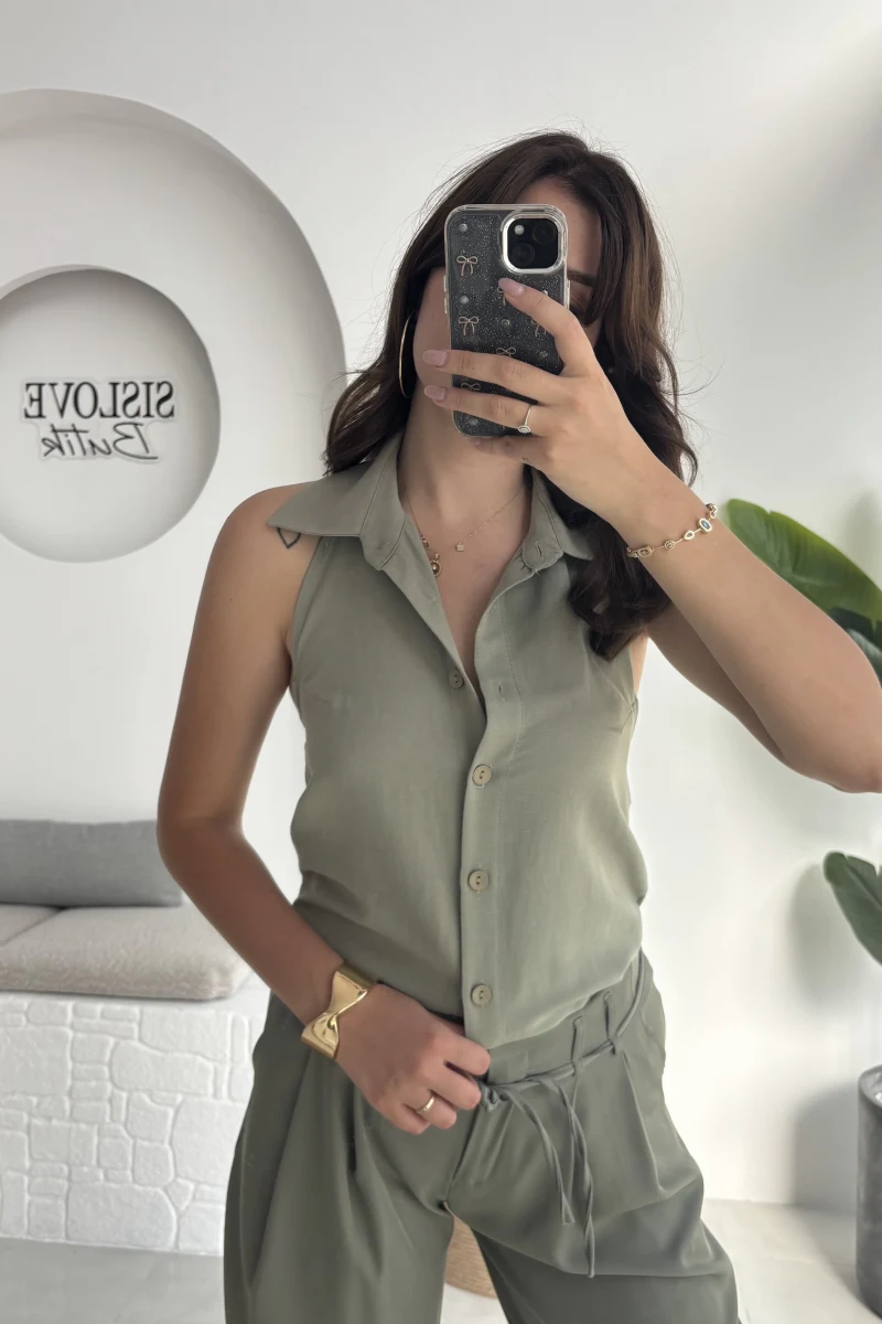 Derpy Sıfır Kol Boyundan Geçmeli Bluz - Yeşil - 5354