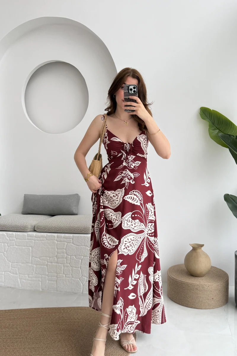 Desenli Askılı Elbise - 3010 - Bordo