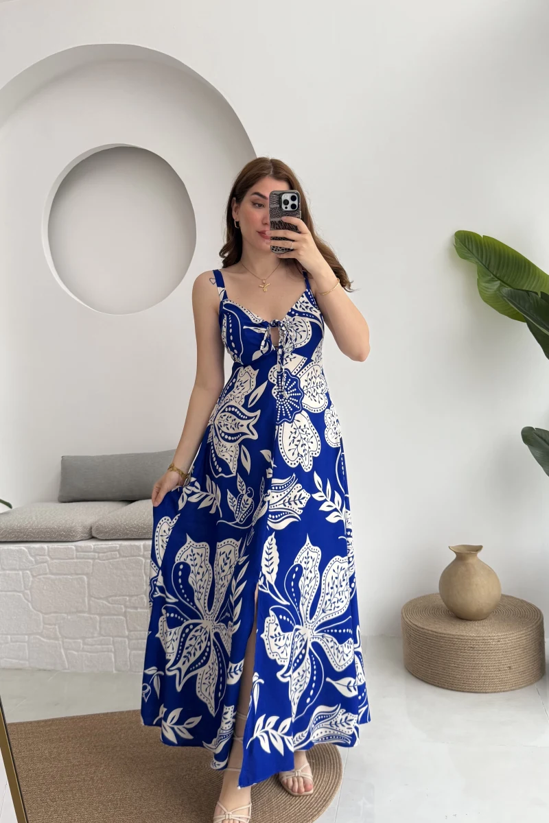 Desenli Askılı Elbise - 3010 - Mavi