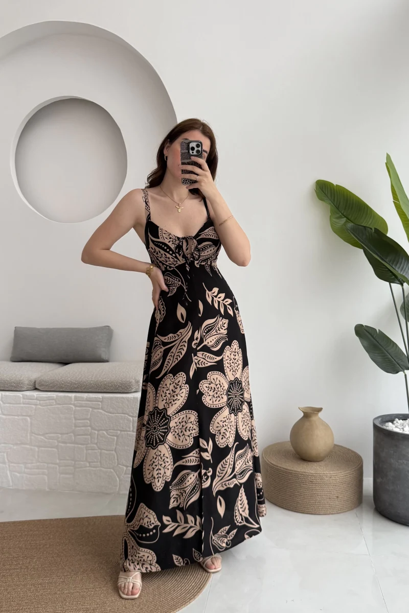 Desenli Askılı Elbise - 35210 - 2 - Siyah