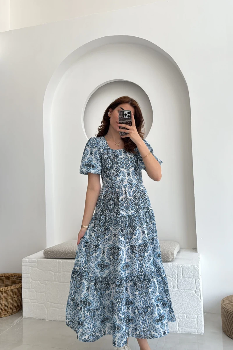Desenli Elbise Mavi - 3033