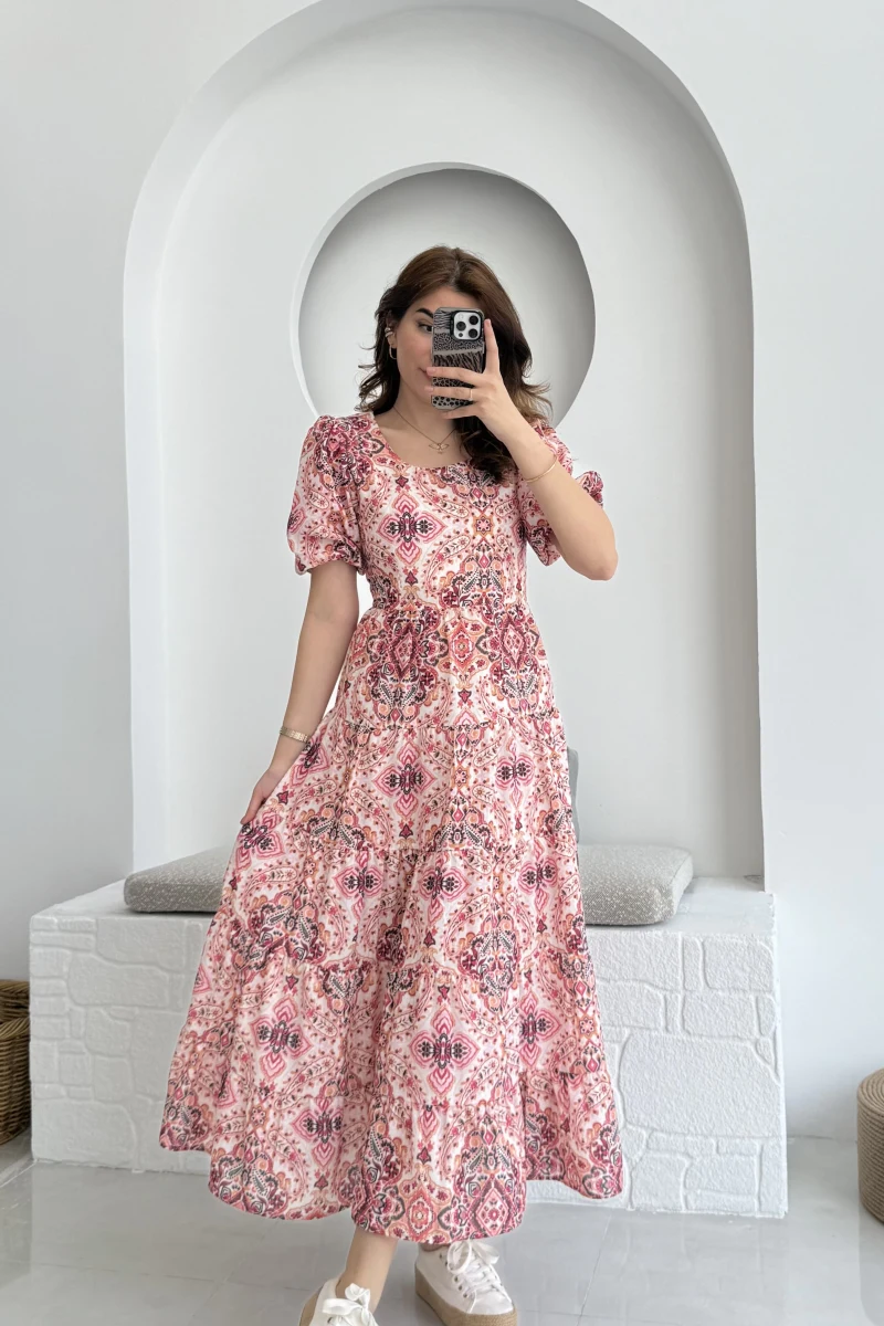 Desenli Elbise Pembe - 3033
