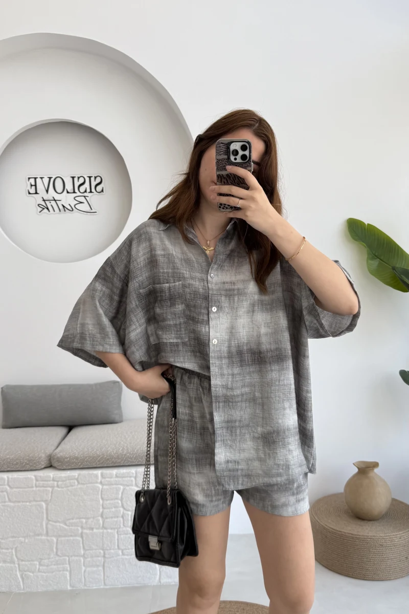 Desenli Gömlek Şortlu Takım Gri