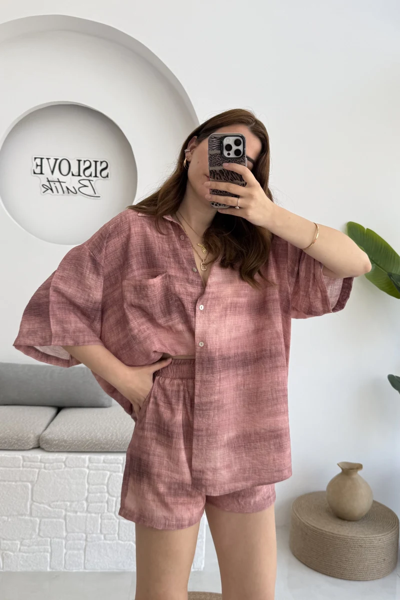 Desenli Gömlek Şortlu Takım Gül Kurusu