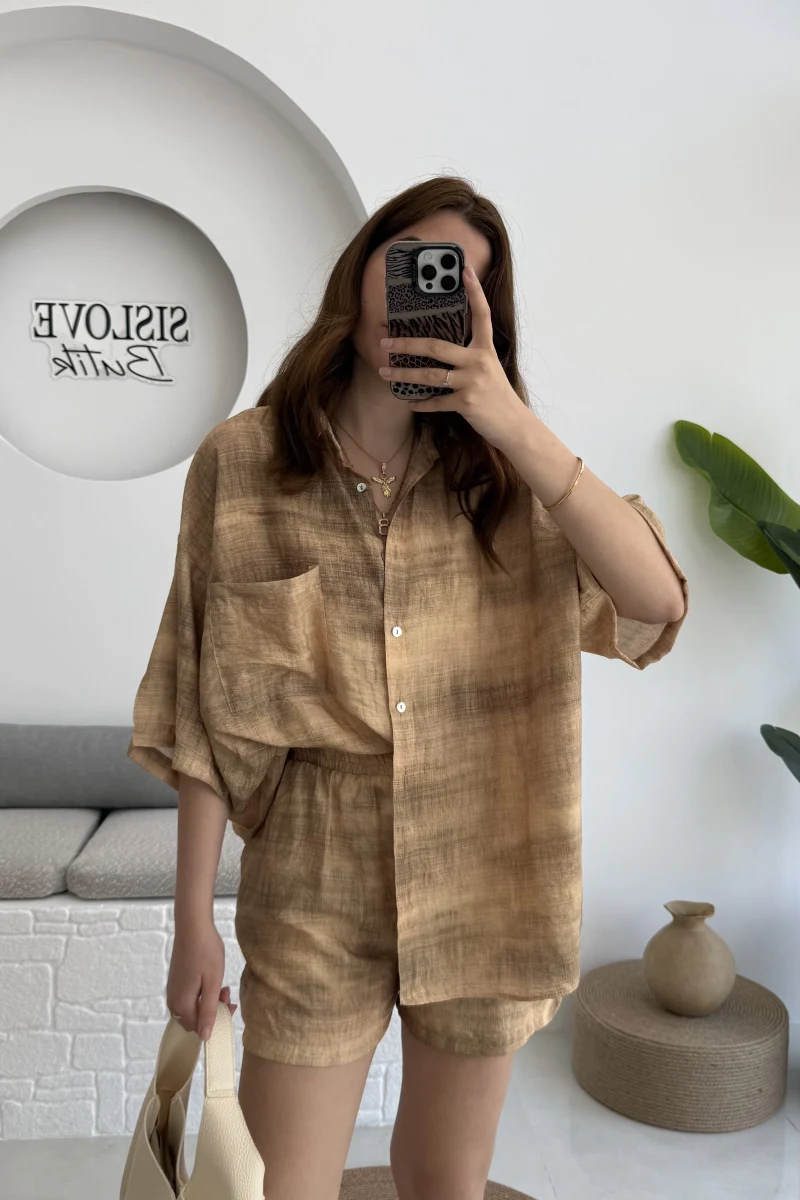 Desenli Gömlek Şortlu Takım Hardal