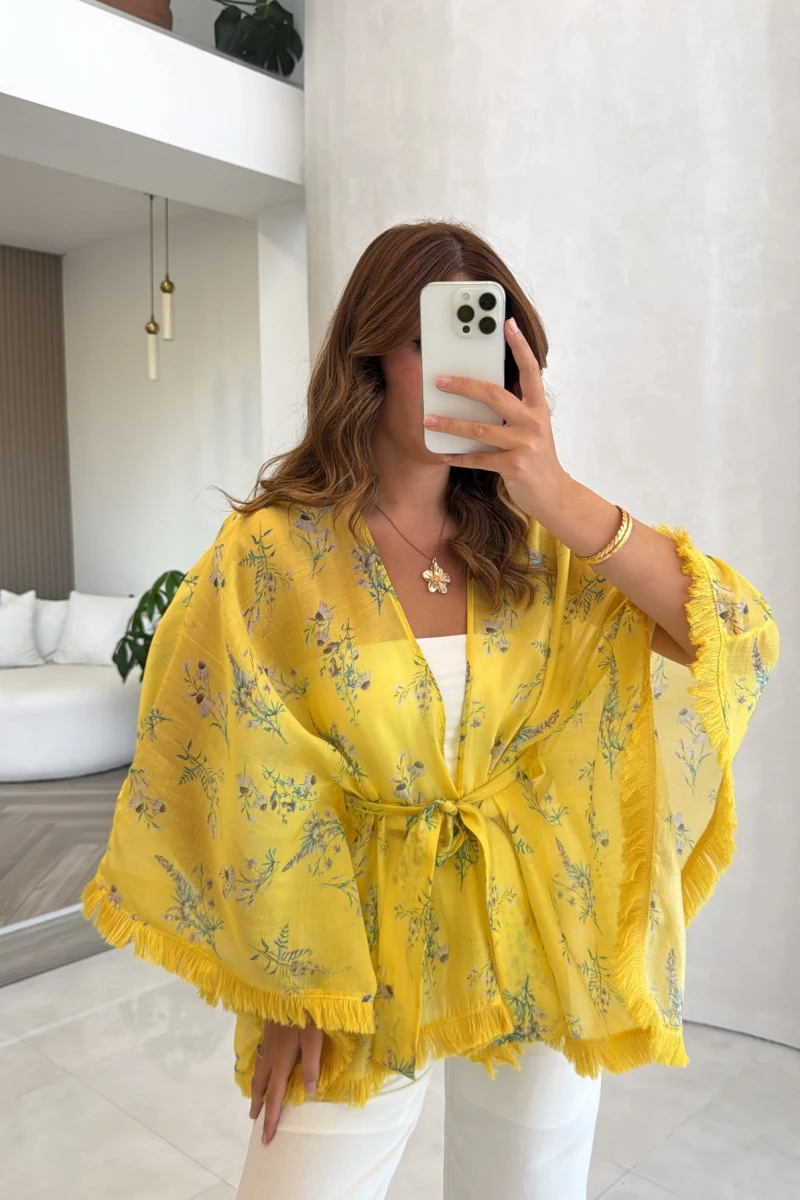 Desenli Kuşaklı Püskül Detay Kimono - Sarı - Kod: 5129