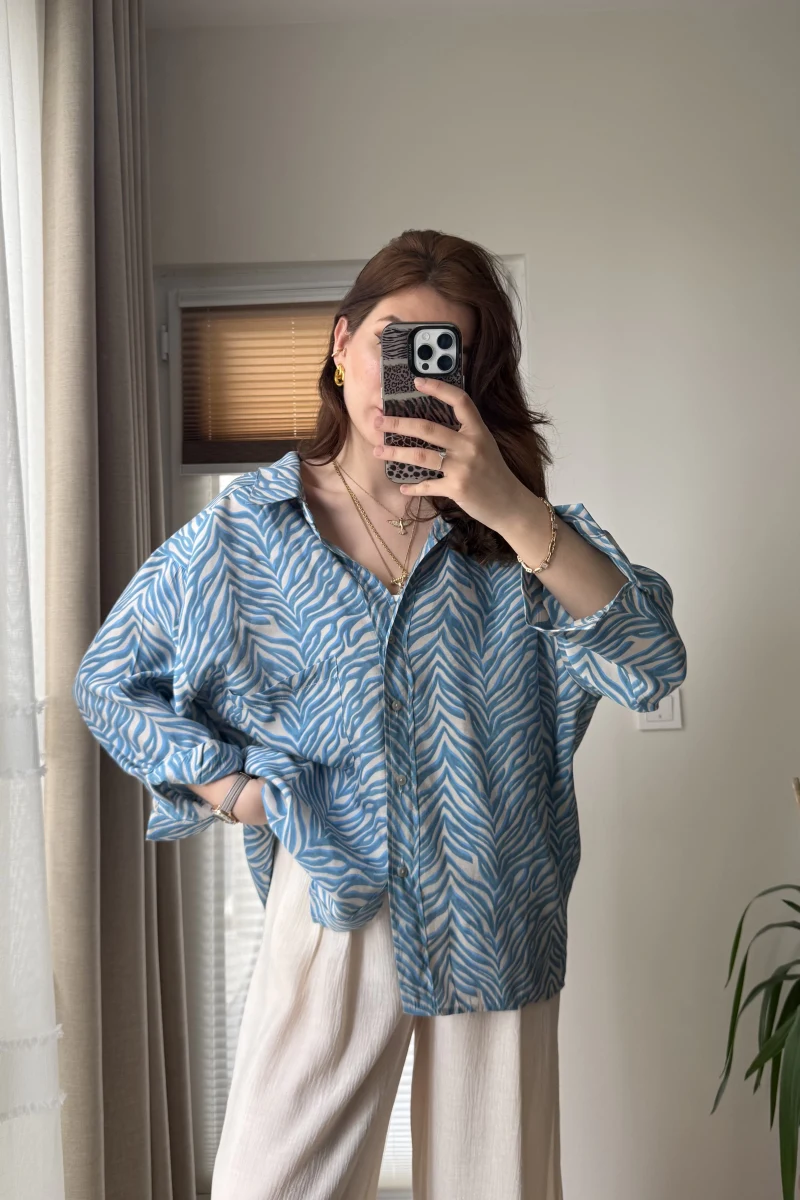 Desenli Tensel Oversize Gömlek - Mavi - 4960