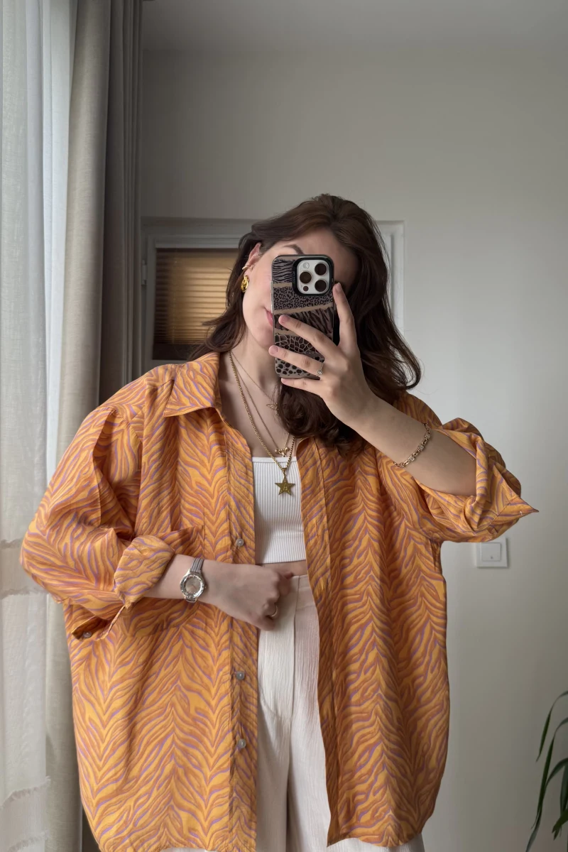 Desenli Tensel Oversize Gömlek - Turuncu - 4960