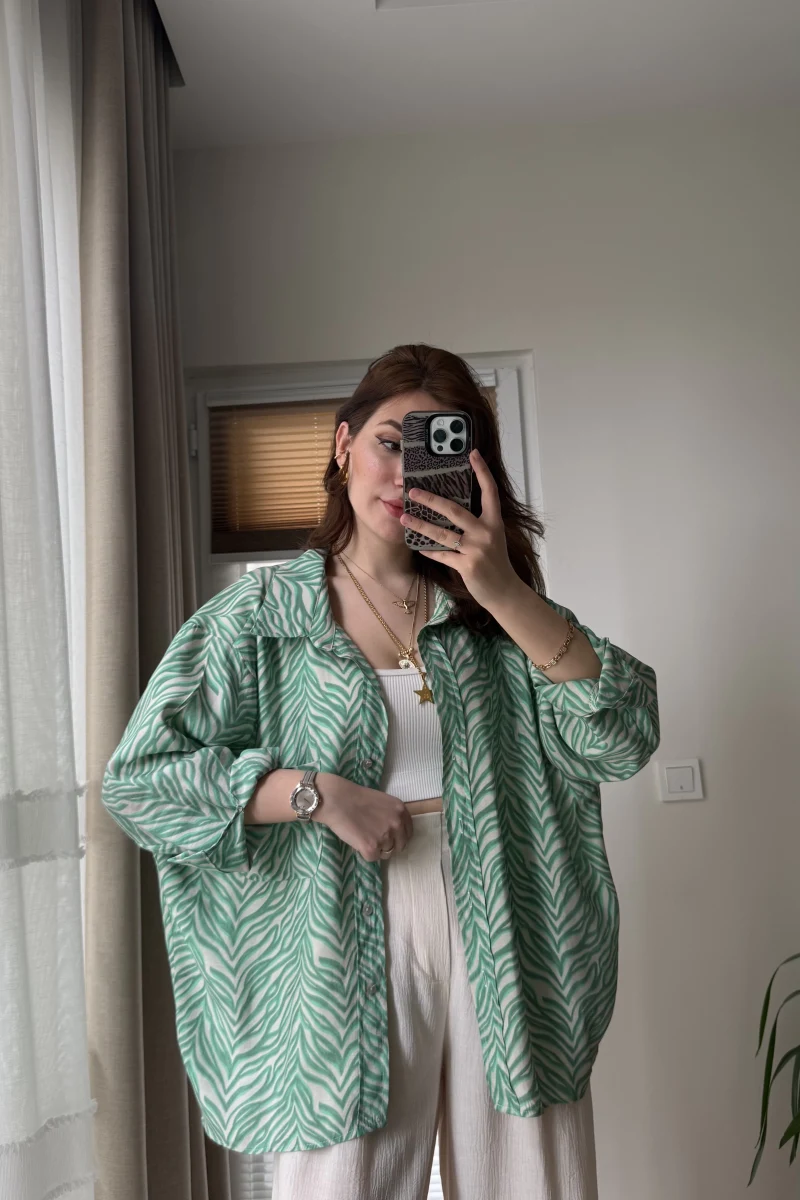 Desenli Tensel Oversize Gömlek - Yeşil - 4960