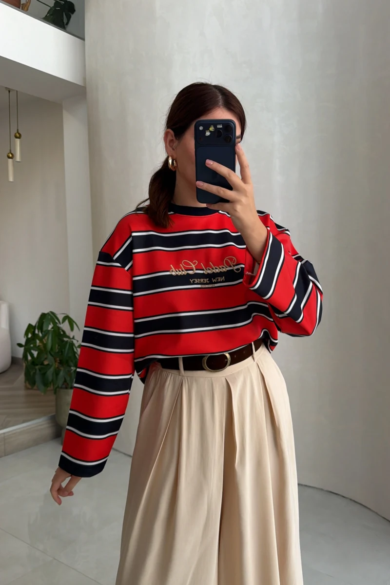 Dijital Baskılı Çizgili Modal Sweatshirt - Kırmızı - Kod: 1664