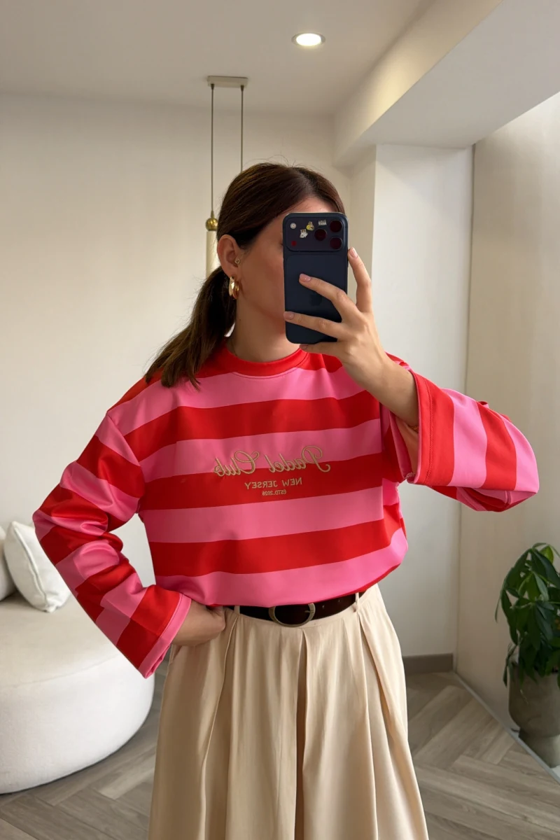 Dijital Baskılı Çizgili Modal Sweatshirt - Pembe - Kod: 1664