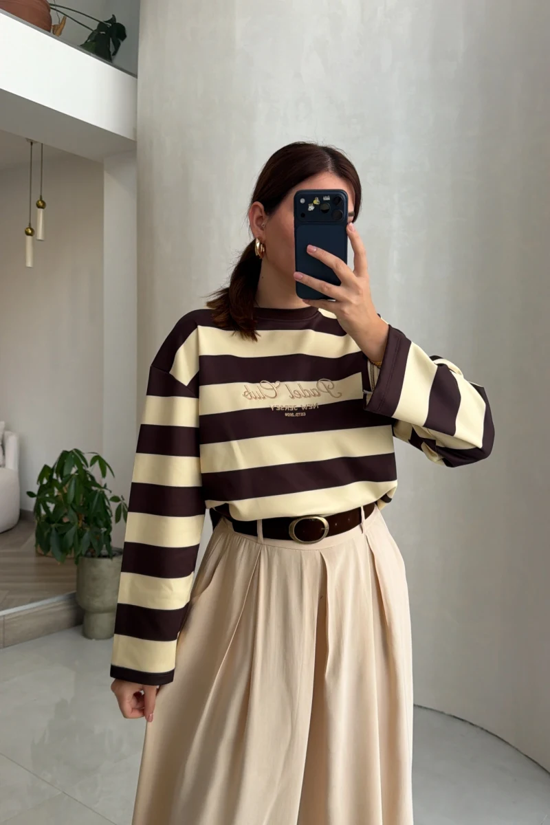 Dijital Baskılı Çizgili Modal Sweatshirt - Sarı - Kod: 1664