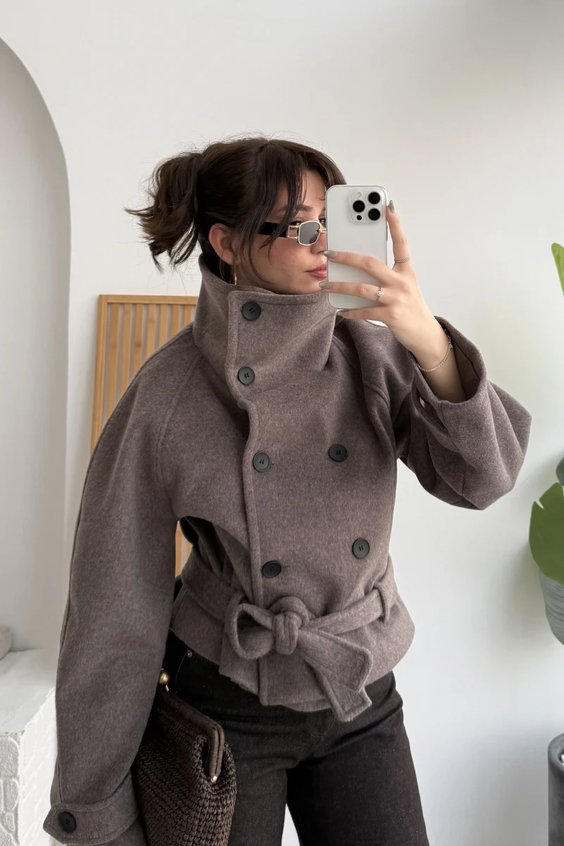 Dik Yaka Kuşaklı Kısa Kaşe Kaban - Kahverengi - Kod: 10301