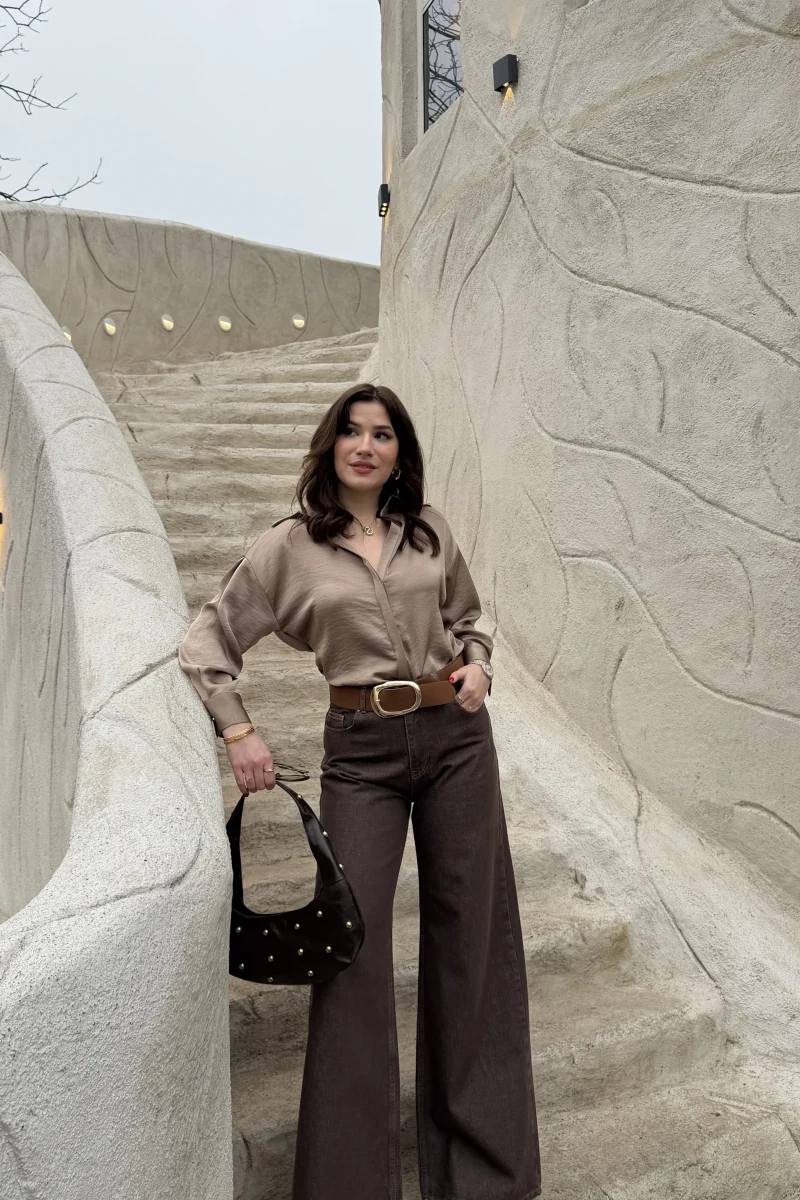 Dilvin Yüksek Bel Denim Jean Pantolon - Kahverengi