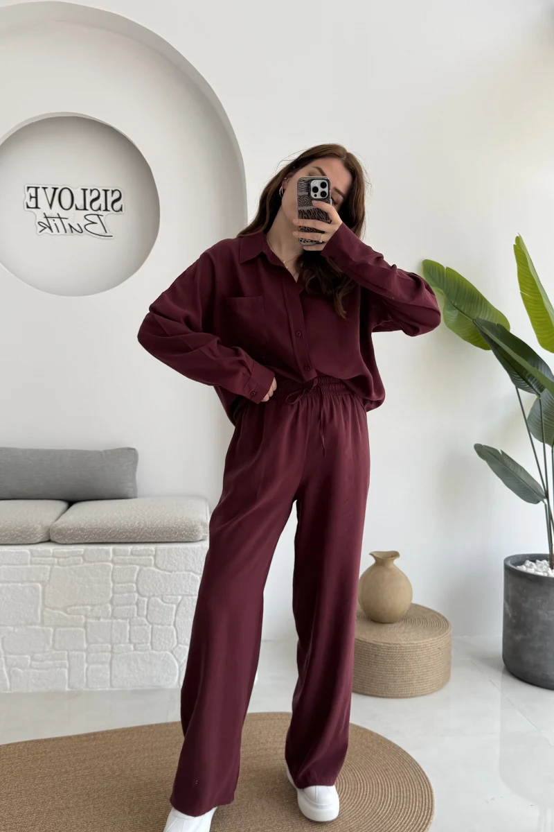 Diva Modal Gömlek Pantolon Takım Bordo