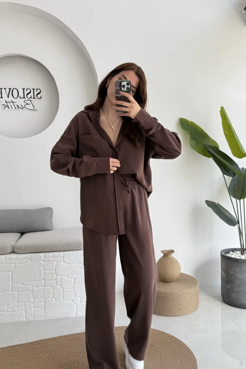 Diva Modal Gömlek Pantolon Takım Kahve