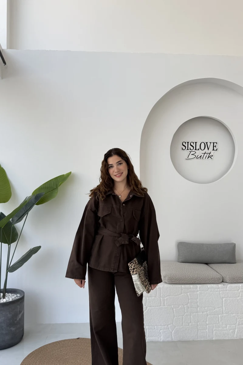 Dixie Premium Kuşaklı Gabardin Takım - Kahverengi