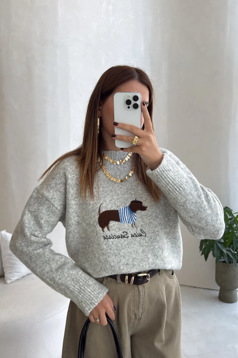 Dogs Baskılı Triko Kazak - Gri - Kod: 9114