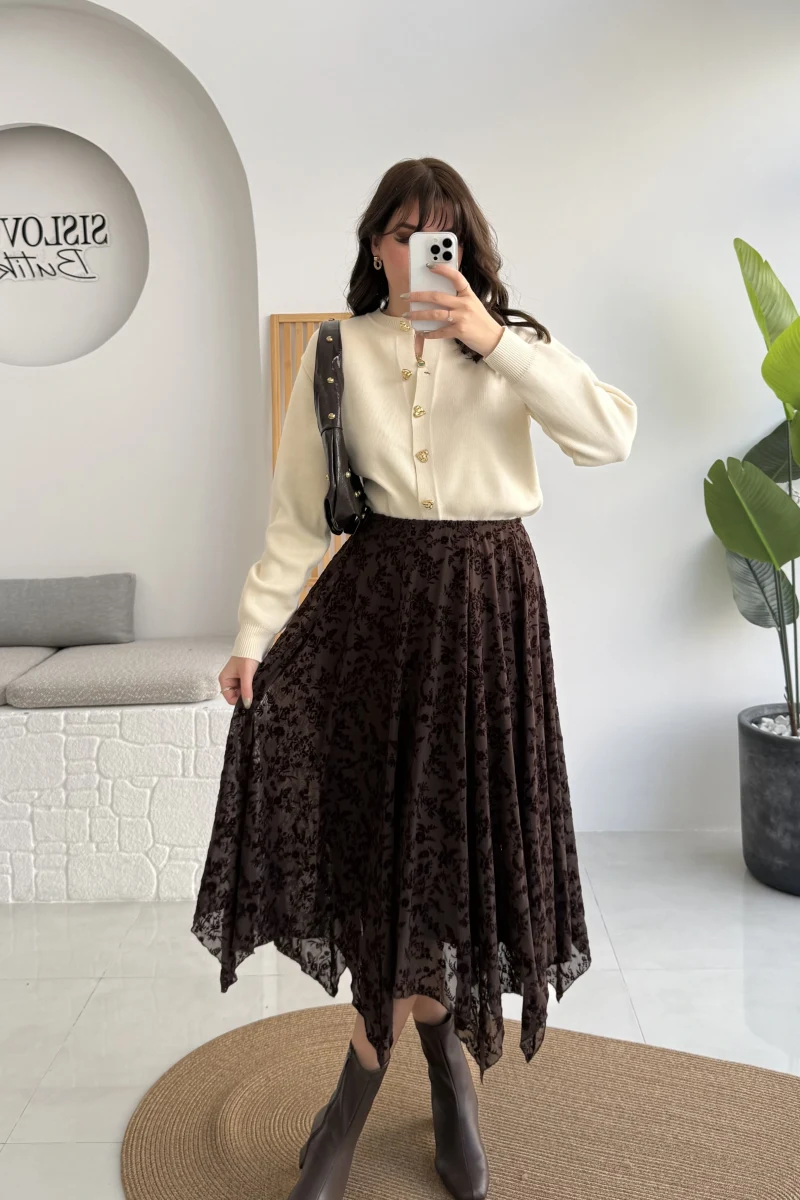 Dokulu Asimetrik Kesim Tül Etek - Kahverengi