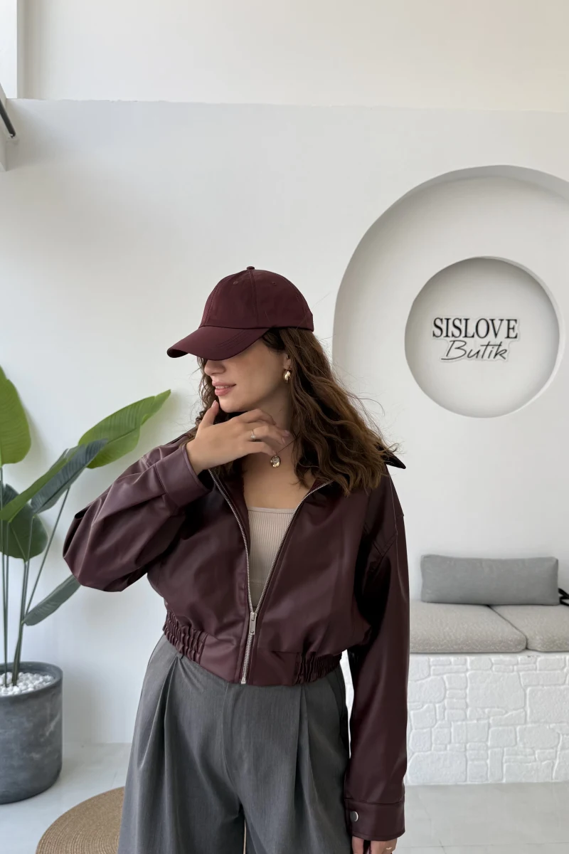Dolly Bomber Beli Lastikli Kısa Deri Ceket - Bordo