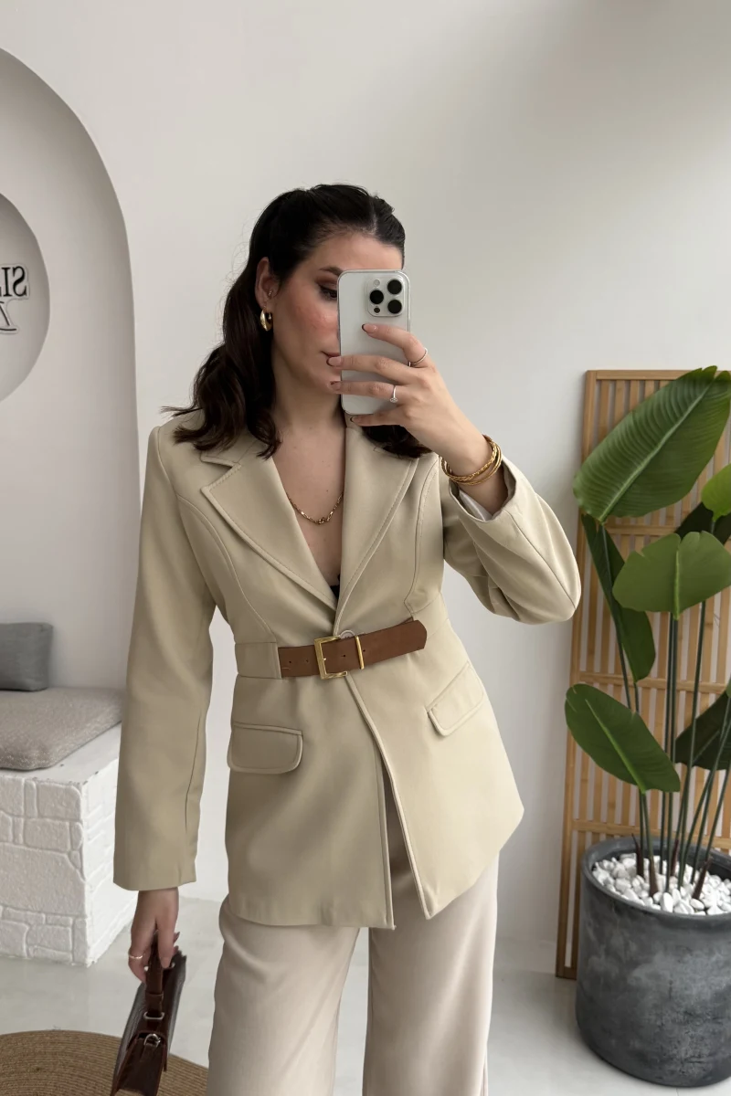 Dolph Kemer Detay Blazer Ceket - Taş - Kod: 4162