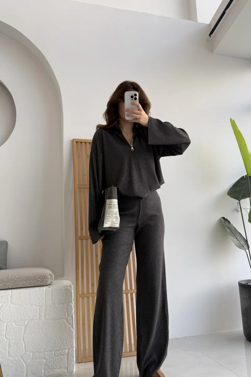 Drew Dik Yaka Fermuarlı Triko Takım - Antrasit