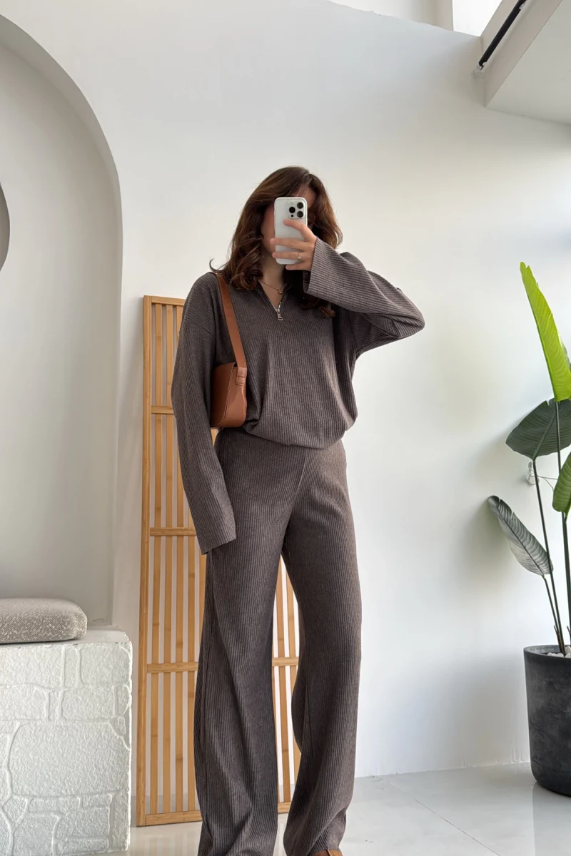 Drew Dik Yaka Fermuarlı Triko Takım - Kahve Vizon Tonları