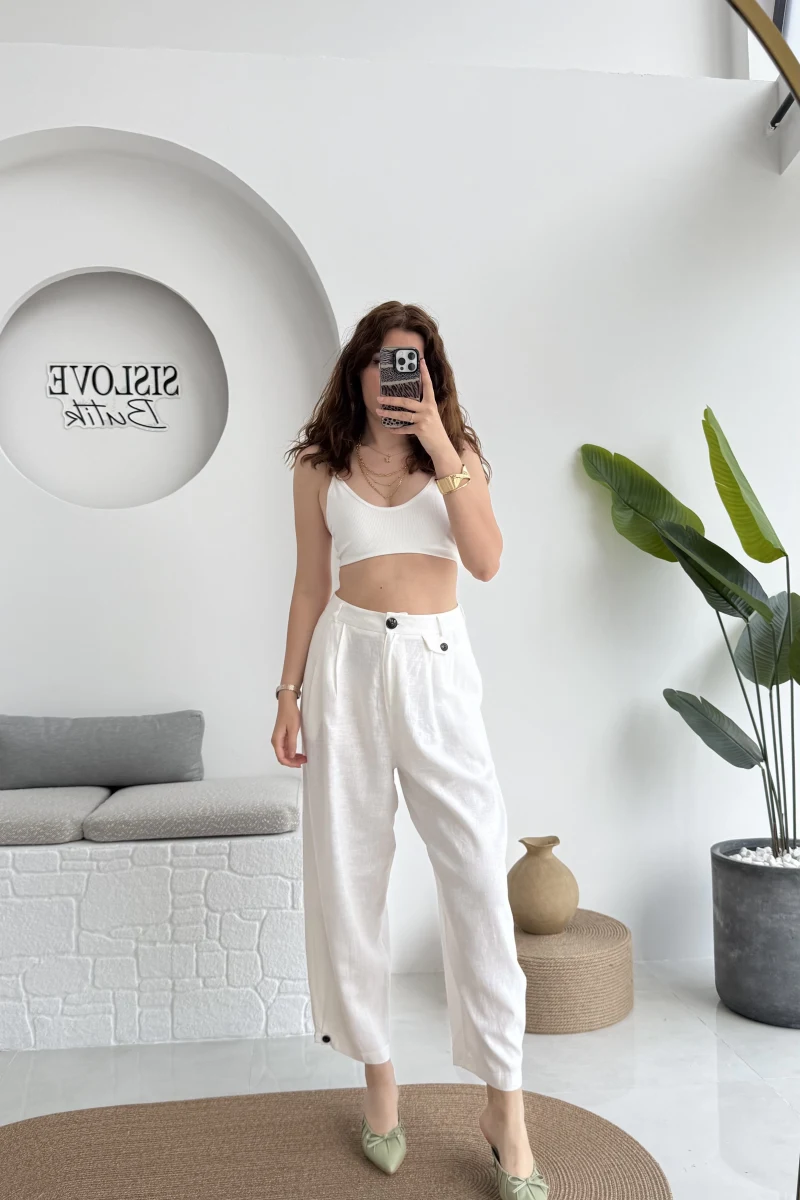 Düğme Detay Keten Pantolon - Beyaz - 50976