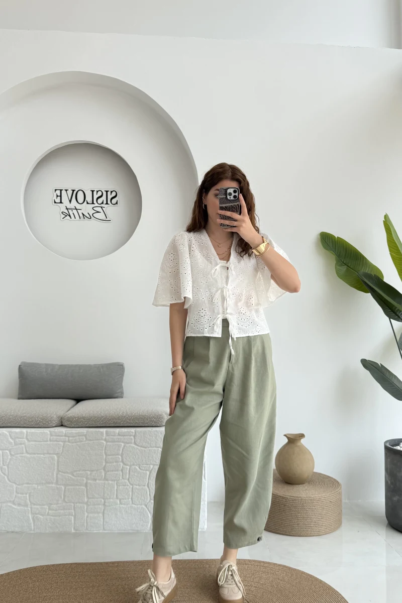 Düğme Detay Keten Pantolon - Çağla Yeşili - 50976